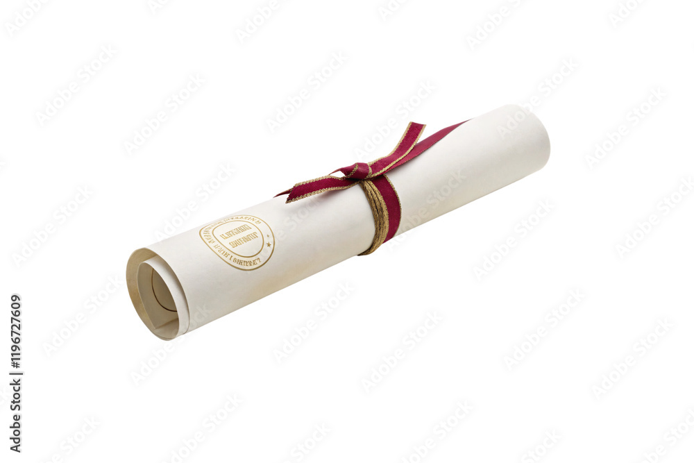 A diploma roll tied with a burgundy ribbon and gold-threaded trim, featuring subtle embossing and an air of timeless academic distinction, isolated on a transparent background A diploma roll tied with a burgundy ribbon and gold-threaded trim, featuring subtle embossing and an air of timeless academic distinction, isolated on a transparent background