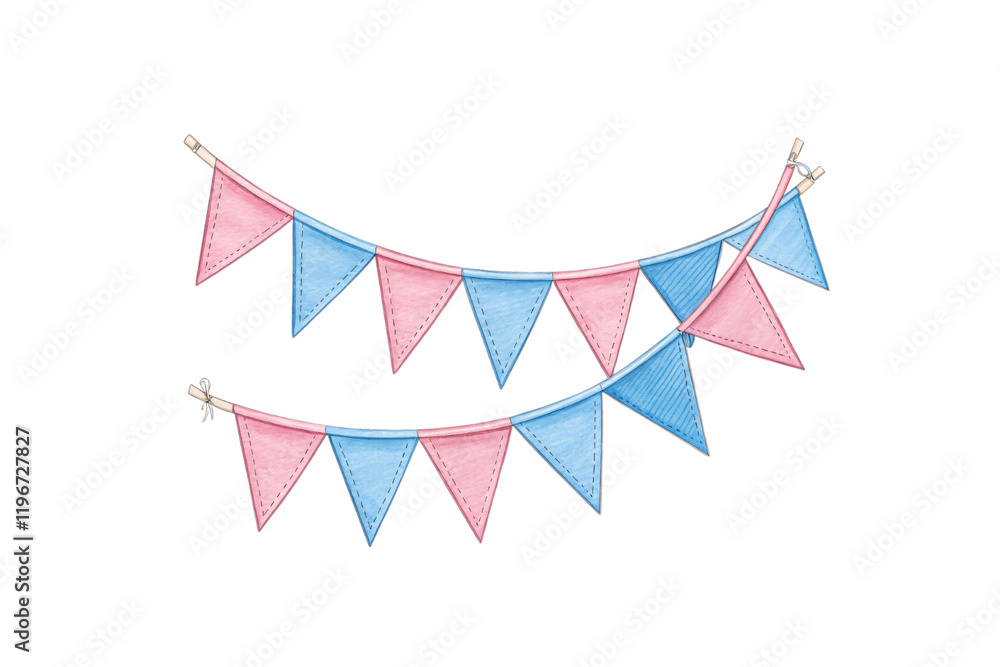Fototapeta premium A festive string of triangular bunting flags in alternating pink and blue colors, hung in two curved rows, conveying celebration and joy, isolated on a transparent background
