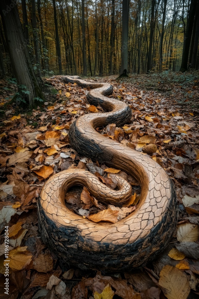 Obraz premium Carved wood path, autumn leaves, forest floor.