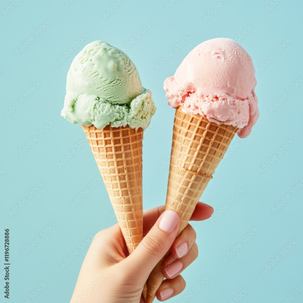 Two Ice Cream Cones in Hands on Pastel Background Two Ice Cream Cones in Hands on Pastel Background