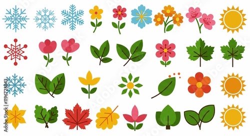 Wallpaper Mural "A vector illustration of diverse seasonal icons, such as snowflakes, flowers, leaves, and sun shapes, each with intricate details and a modern flat design aesthetic." Torontodigital.ca