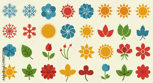 Wallpaper Mural "A vector illustration of diverse seasonal icons, such as snowflakes, flowers, leaves, and sun shapes, each with intricate details and a modern flat design aesthetic." Torontodigital.ca