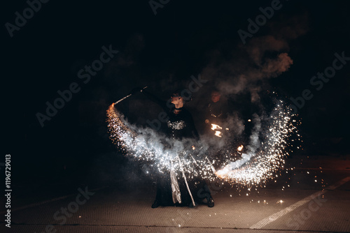 Photos fireshow artist woman dancing, young caucasian beautiful sportive woman makes pe