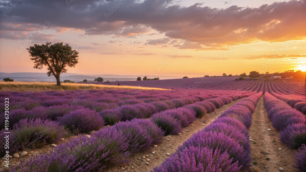 Lavender field at sunset with scenic path Lavender field at sunset with scenic path