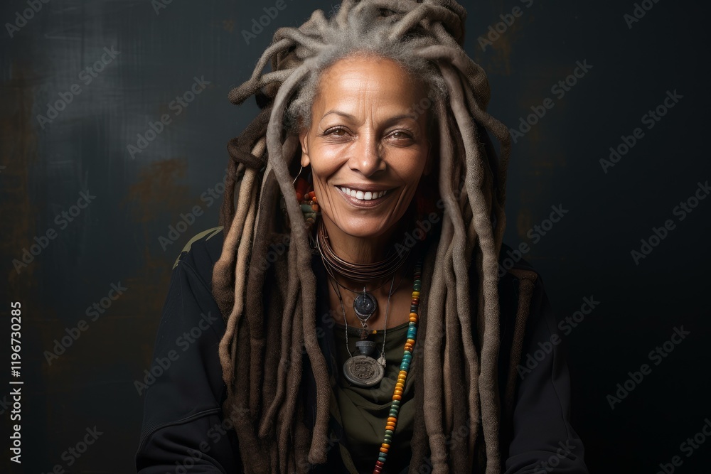 Portrait of a smiling mature female artist with dreadlocks and ethnic necklace posing in a studio Portrait of a smiling mature female artist with dreadlocks and ethnic necklace posing in a studio
