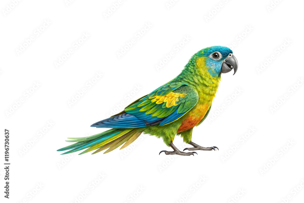 Fototapeta premium A vibrant green and yellow parrot with blue accents and a black beak, standing on a branch, showcasing its detailed feathers, isolated on a transparent background