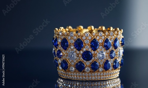 A sumptuous gold crown studded with diamonds and blue jewels, positioned on a dark blue background, symbolizing grandeur and royal status. photo