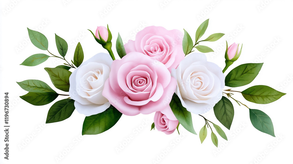 Naklejka premium Beautifully Arranged Bouquet of Pink and White Roses With Lush Green Leaves for Decoration