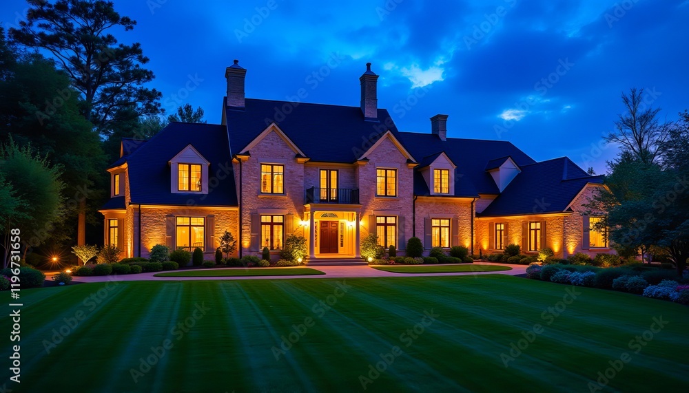 Luxury home illuminated at twilight, showcasing its architectural details and manicured lawn. Luxury home illuminated at twilight, showcasing its architectural details and manicured lawn.