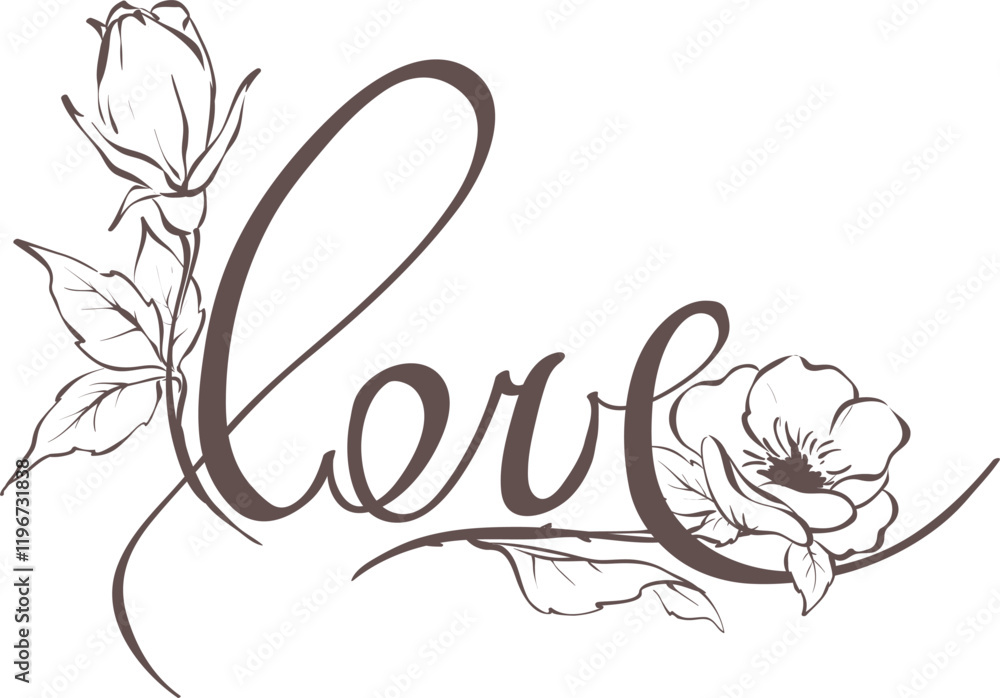 Fototapeta premium Love. Hand drawn lettering and calligraphy with delicate roses. Valentine's Day card. Vector illustration.