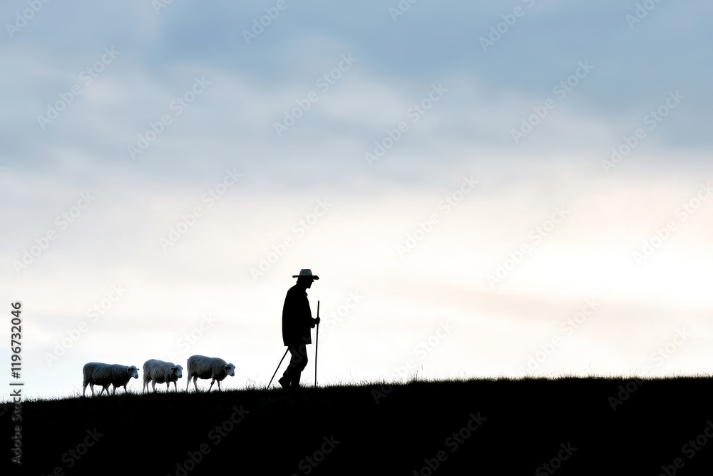Fototapeta premium Silhouette of a shepherd walking with sheep on a peaceful hillside