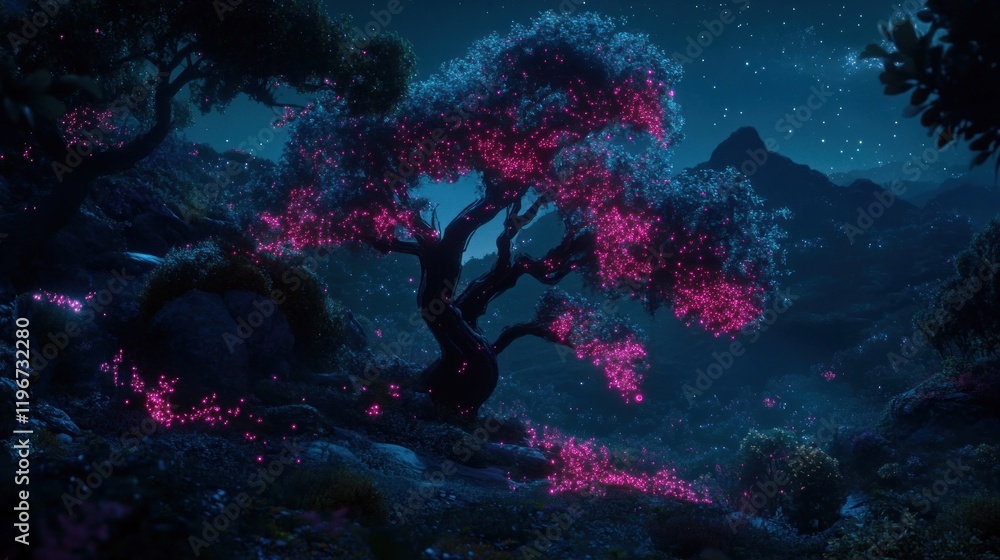 Fototapeta premium Glowing pink tree at night in a fantasy landscape.