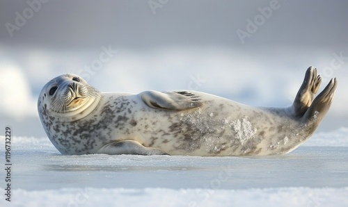 Adult weddell seal sunbathing on frozen surface of the ocean, aquatic life, conservation, snowcapped, Arctic Circle photo