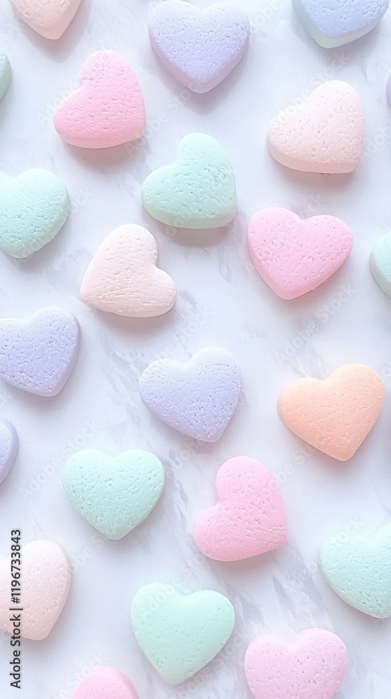 Obraz premium A close-up of pastel candy hearts scattered randomly on a smooth white surface, emphasizing their textures and messages