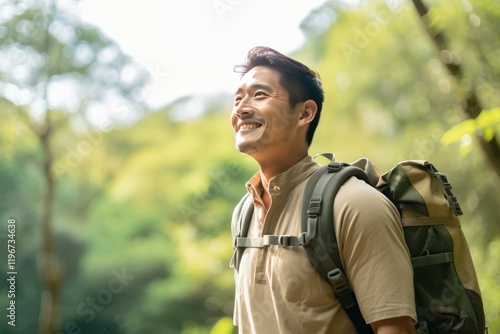 Asian man wearing beige shirt and backpack enjoying trekking in tropical forest
