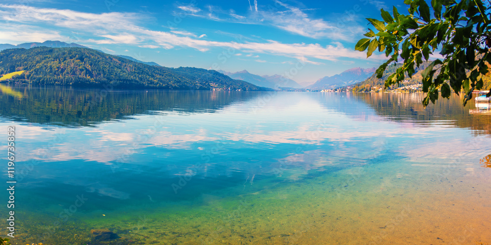 View of a mountain lake in autumn. Millstatt am See, Lake Millstatt in Carinthia, Austria, Europe