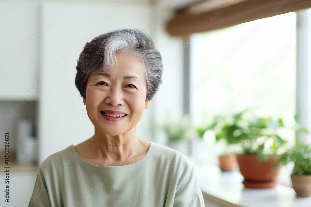 Happy senior woman smiling in kitchen with plants in background Happy senior woman smiling in kitchen with plants in background