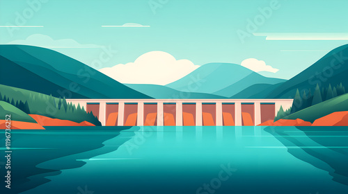 Mountain landscape with tranquil lake a serene digital illustration of dam structure
