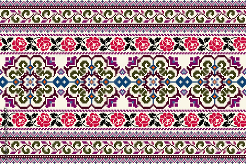 Floral traditional Ukrainian cross-stitch Embroidery pixel Geometric ethnic pattern. Romanian, Vyshyvanka, Slavic ornament style.Detailed Vector for border,neckline embroidery,neckline design,textile.