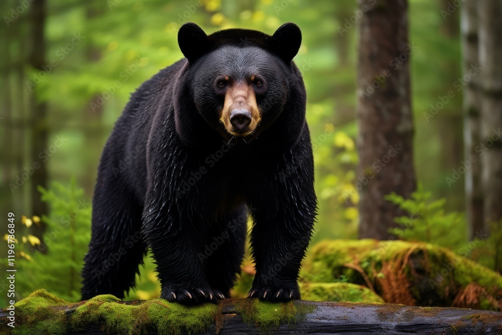 Powerful black bear standing on a mossy log in a lush green forest