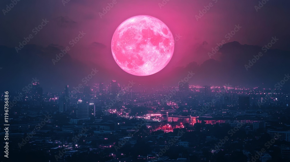 Pink moon over illuminated cityscape at night. Pink moon over illuminated cityscape at night.