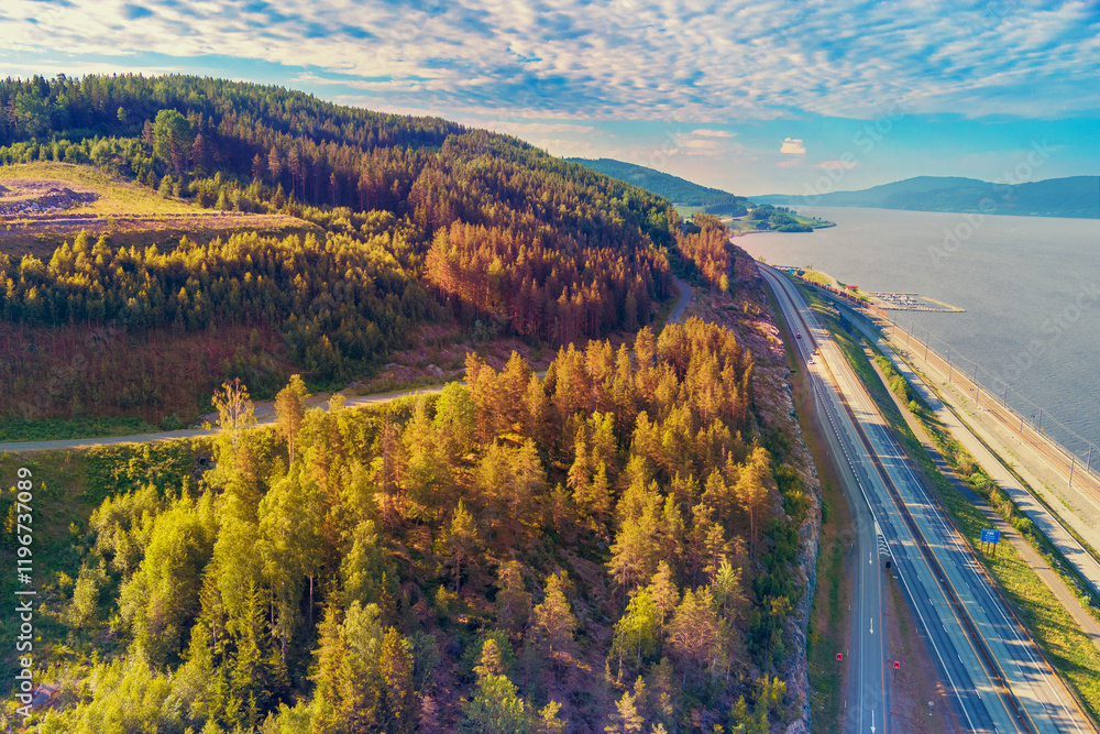 Aerial view of the beautiful Lake Mjosa and the highway. Norway