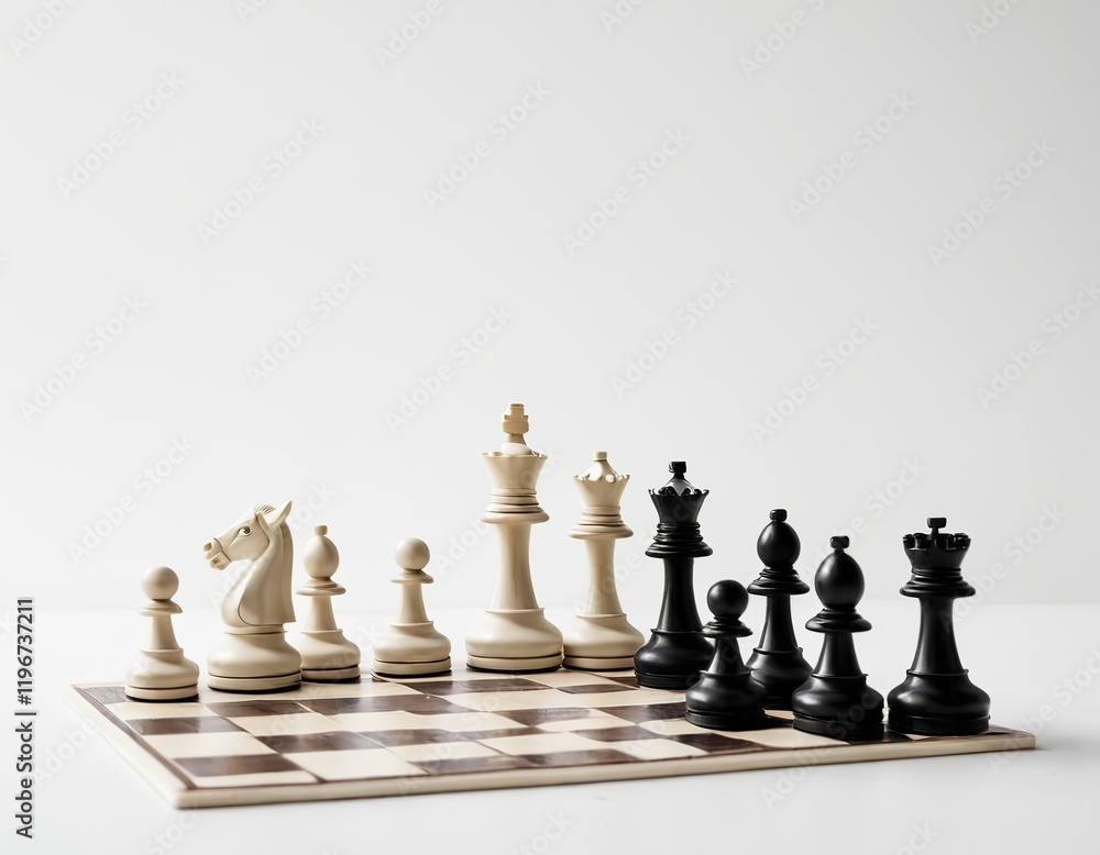 A close-up view of a chess game with elegant black and white pieces set up on a minimalist board. A close-up view of a chess game with elegant black and white pieces set up on a minimalist board.