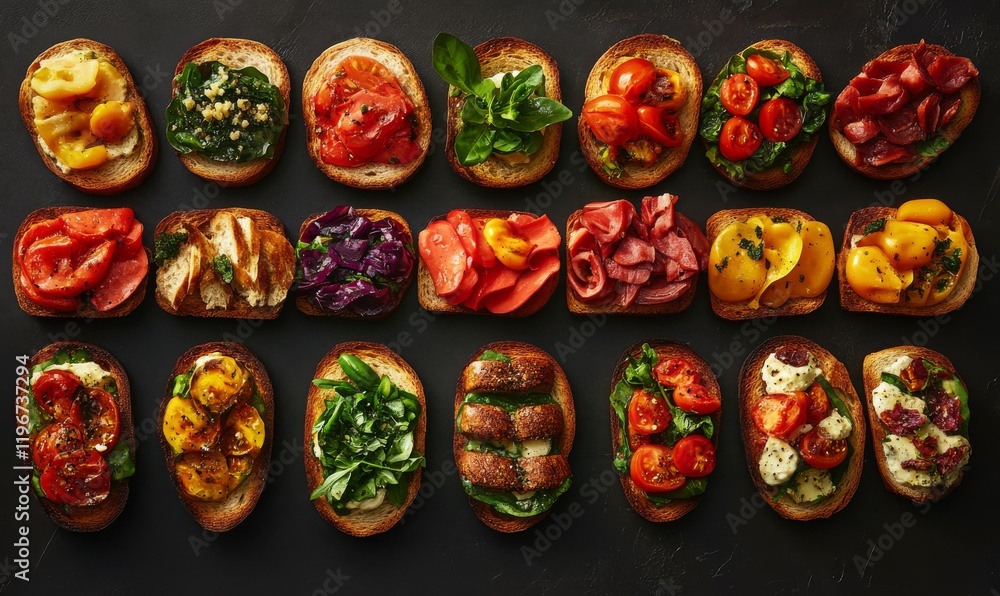 Assorted bruschetta with fresh toppings on toasted bread arranged on a dark surface Assorted bruschetta with fresh toppings on toasted bread arranged on a dark surface