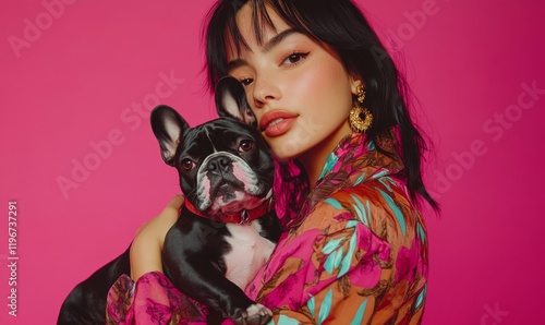 Attractive, charming, pretty girl in stylish outlook, holding french bulldog on arms, looking at camera, standing over pink background