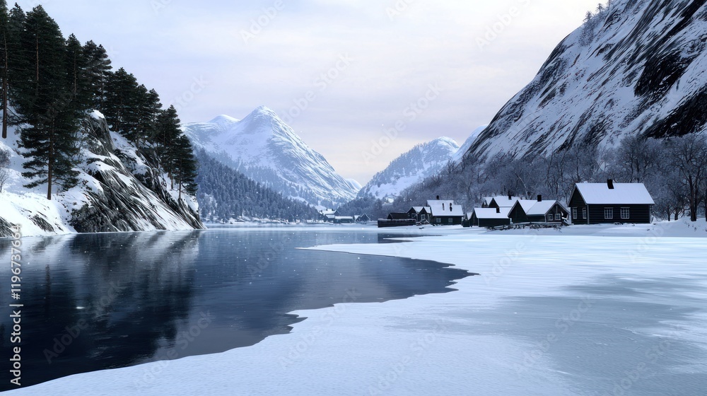 Serene winter landscape with mountains and a calm lake. Serene winter landscape with mountains and a calm lake.