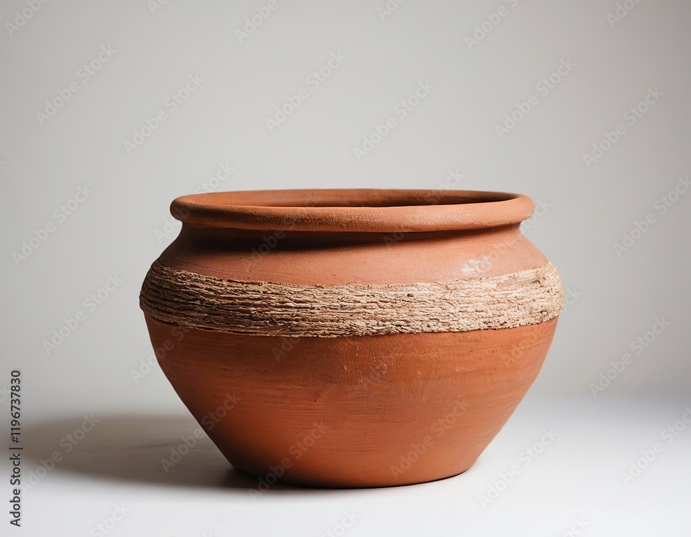 A handmade clay pot showcasing a rustic design with a textured band around its midsection. A handmade clay pot showcasing a rustic design with a textured band around its midsection.