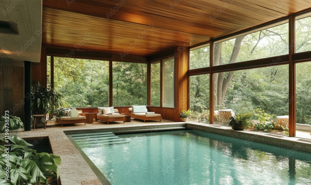 A serene indoor pool with ample windows, lounge seating, and a wooden ceiling, designed in a modern style.