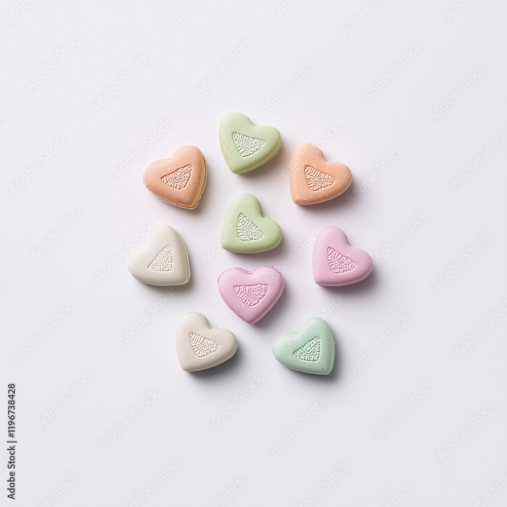 Flat lay of assorted Valentine's candy hearts, creative arrangement with gradient pastel shades, isolated on a seamless white background, crisp and modern stock photo vibe Flat lay of assorted Valentine's candy hearts, creative arrangement with gradient pastel shades, isolated on a seamless white background, crisp and modern stock photo vibe