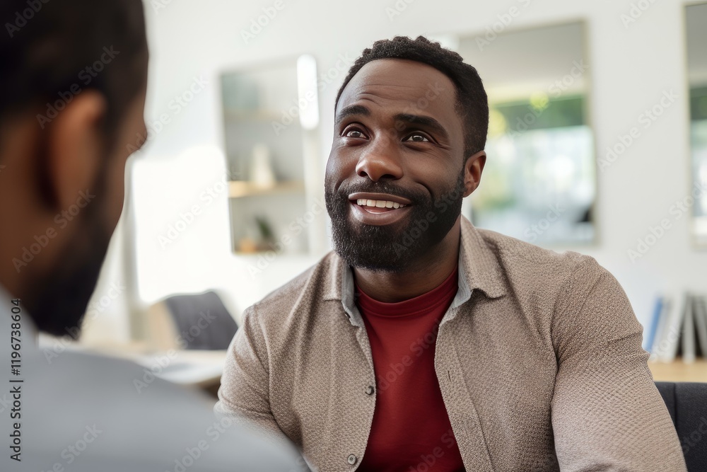 Two businessmen discussing during a meeting in the office, one is smiling and listening to his partner Two businessmen discussing during a meeting in the office, one is smiling and listening to his partner