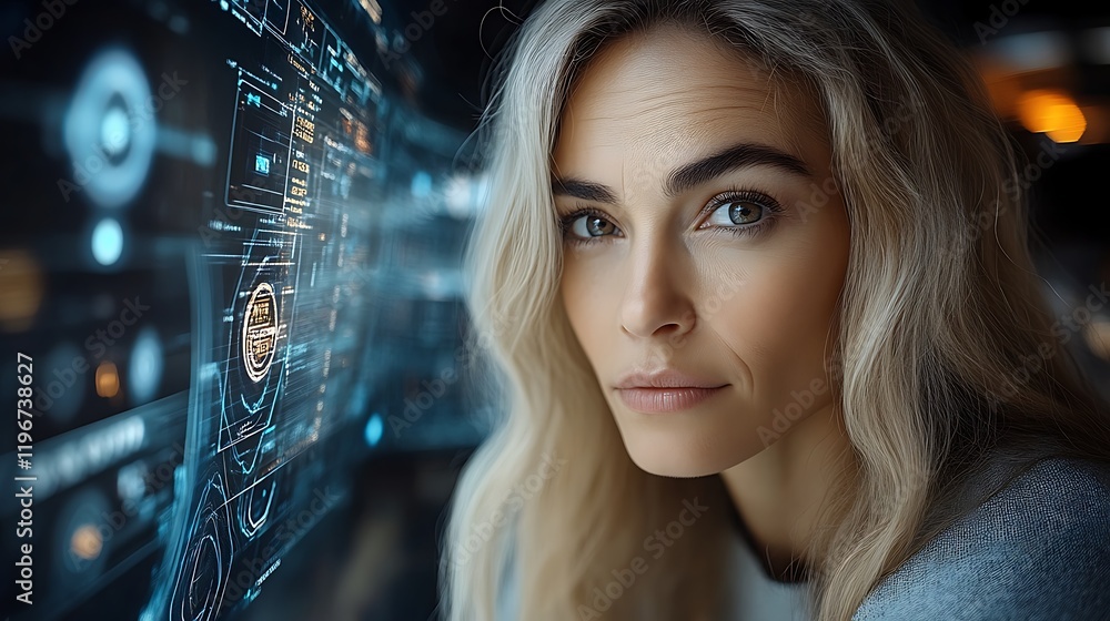 Woman looking intently at futuristic interface. Woman looking intently at futuristic interface.