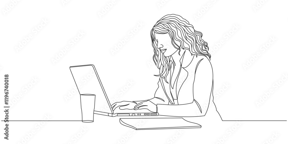 Vector Line Art of a Woman Working on a Laptop with a Relaxed Mood Vector Line Art of a Woman Working on a Laptop with a Relaxed Mood