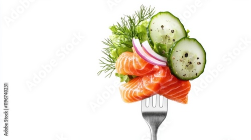 Close-up of fork with food on it: delicious fillet salmon, cucumber, onion, green salad on gray background. Concept of healthy diet and clean eating, balanced nutrition space for text