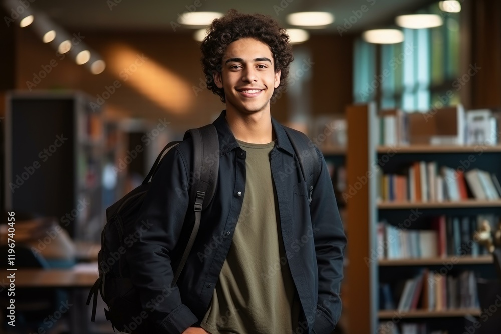 Fototapeta premium Portrait of a cheerful male university student standing in the library with a backpack, enjoying his academic life