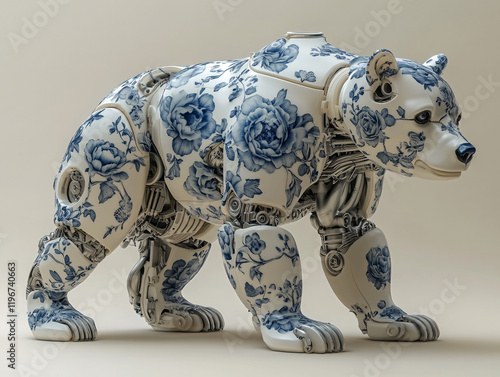 a robotic bear with a floral pattern on its metallic body. The bear stands on a plain background, its mechanical parts and joints are clearly visible, and the design incorporates white and blue flower photo