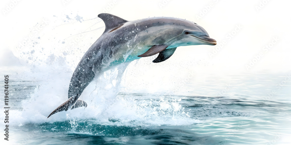 Fototapeta premium Dolphin jumping and swimming in the water with a blue ocean background
