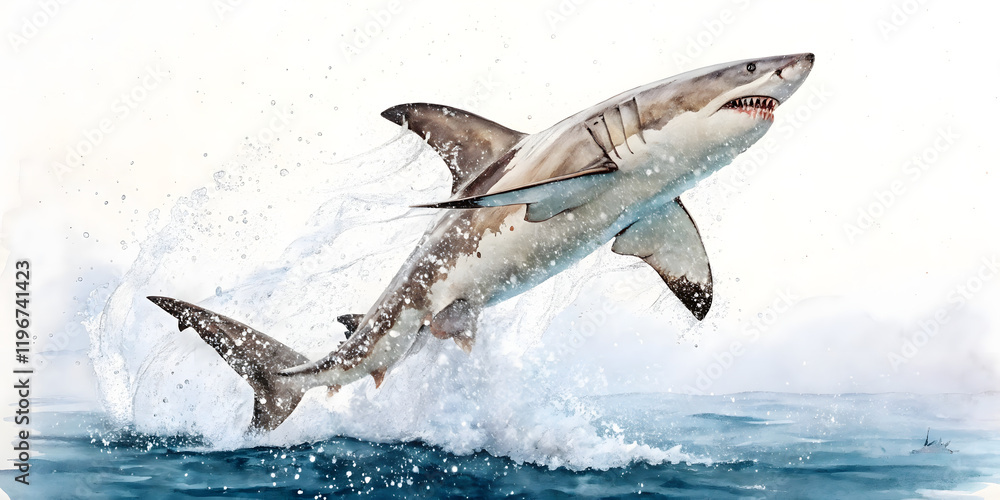 Obraz premium A white shark swimming in the sea surrounded by other marine animals