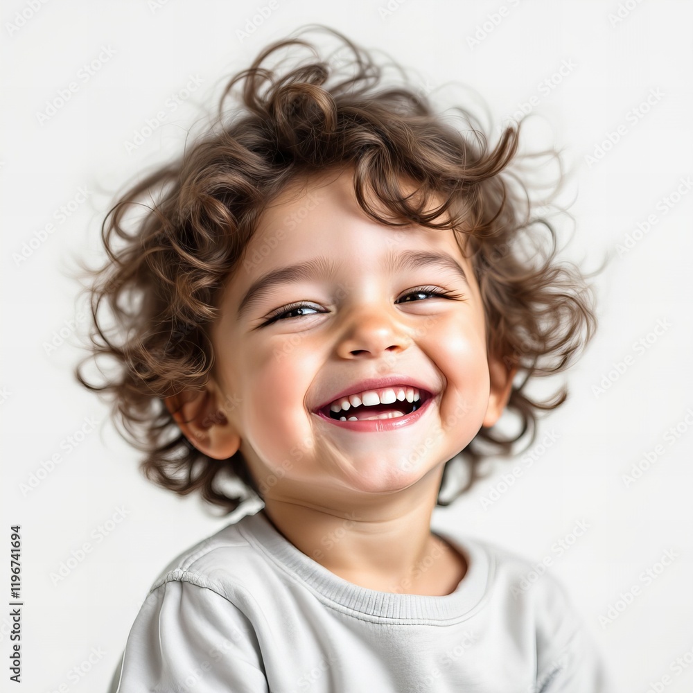 Happy curly-haired child laughing, wearing a light gray shirt, isolated on a white background
Happy curly-haired child laughing, wearing a light gray shirt, isolated on a white background
