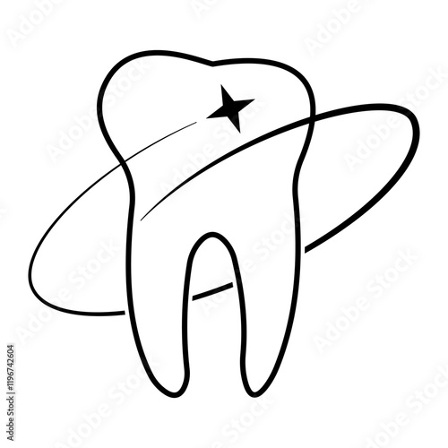 Cartoon tooth with star and orbiting line, clean teeth icon