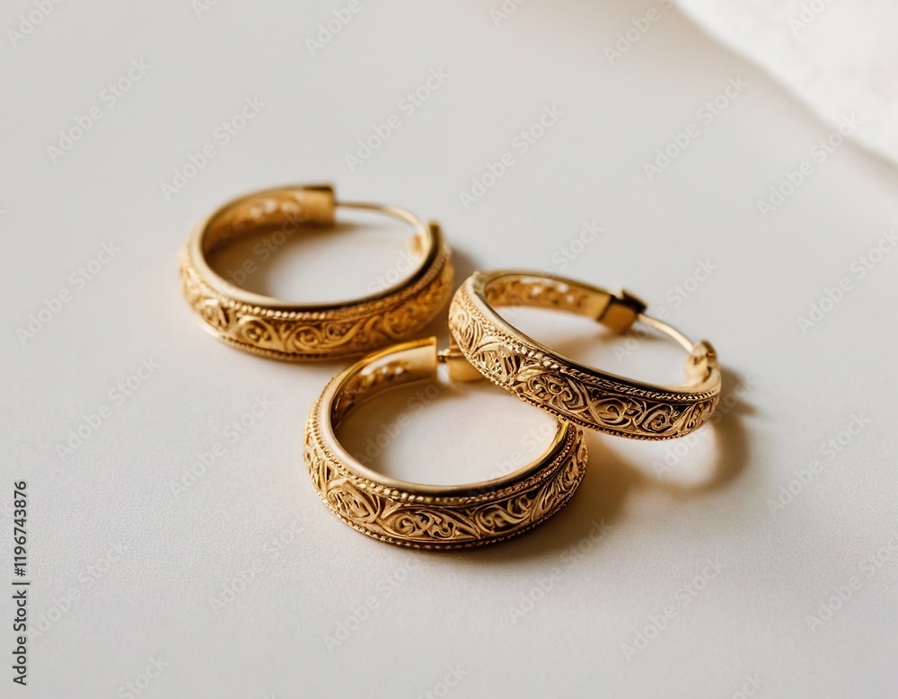 Elegant gold hoops with intricate detailing on a soft background. Elegant gold hoops with intricate detailing on a soft background.