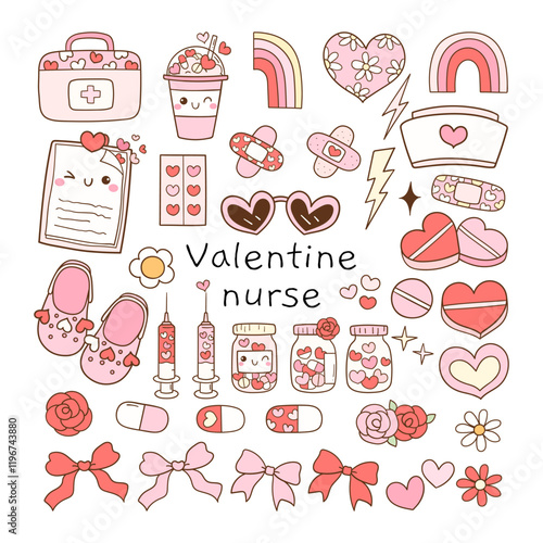 Draw vector illustration collection element pink nurse valentine Trendy retro groovy Love vibes Doodle cartoon style
