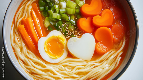 Delicious ramen with heart-shaped carrot pieces, a soft-boiled egg, green onions, and sesame seeds in broth, created especially for Valentine's Day. photo