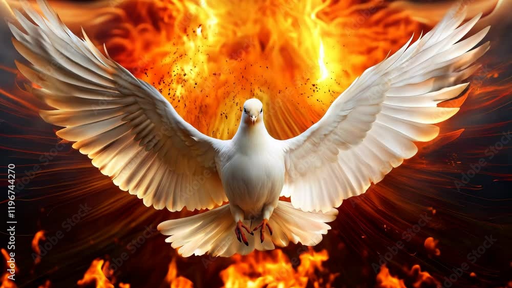 Holy Spirit dove flying with open wings in the middle of fire flames ...