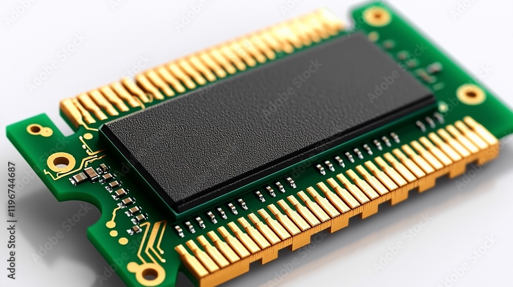 Close-up of a single green circuit board with a black memory chip. Close-up of a single green circuit board with a black memory chip.