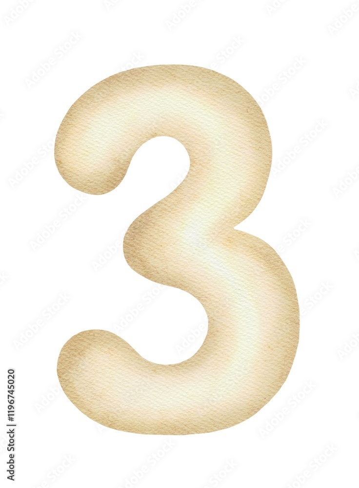 Naklejka premium Number three, Figures of numbers drawn in watercolor. High quality illustration On white background. Suitable for holidays, children's birthdays, parties. Indicates age. Design for cakes, kids style