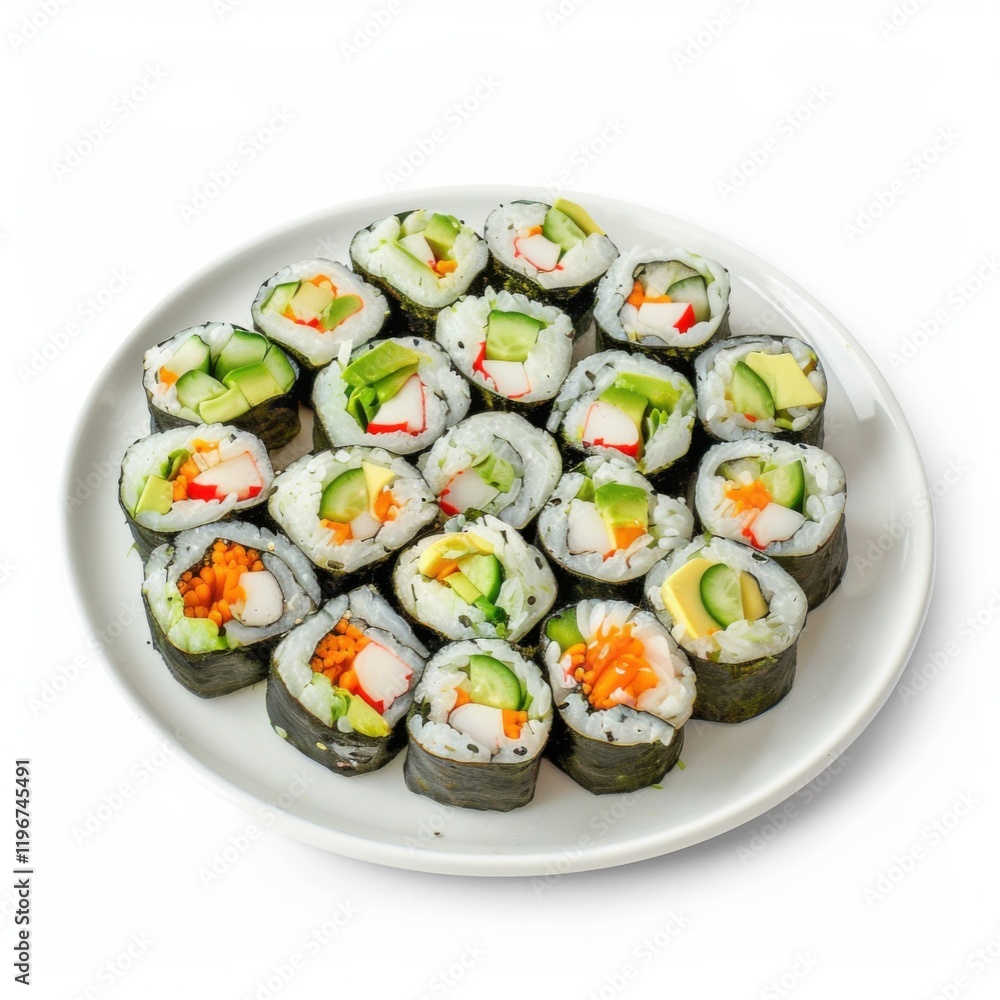 A plate of vegetable sushi rolls with avocado and cucumber, isolated white background, modern art style A plate of vegetable sushi rolls with avocado and cucumber, isolated white background, modern art style